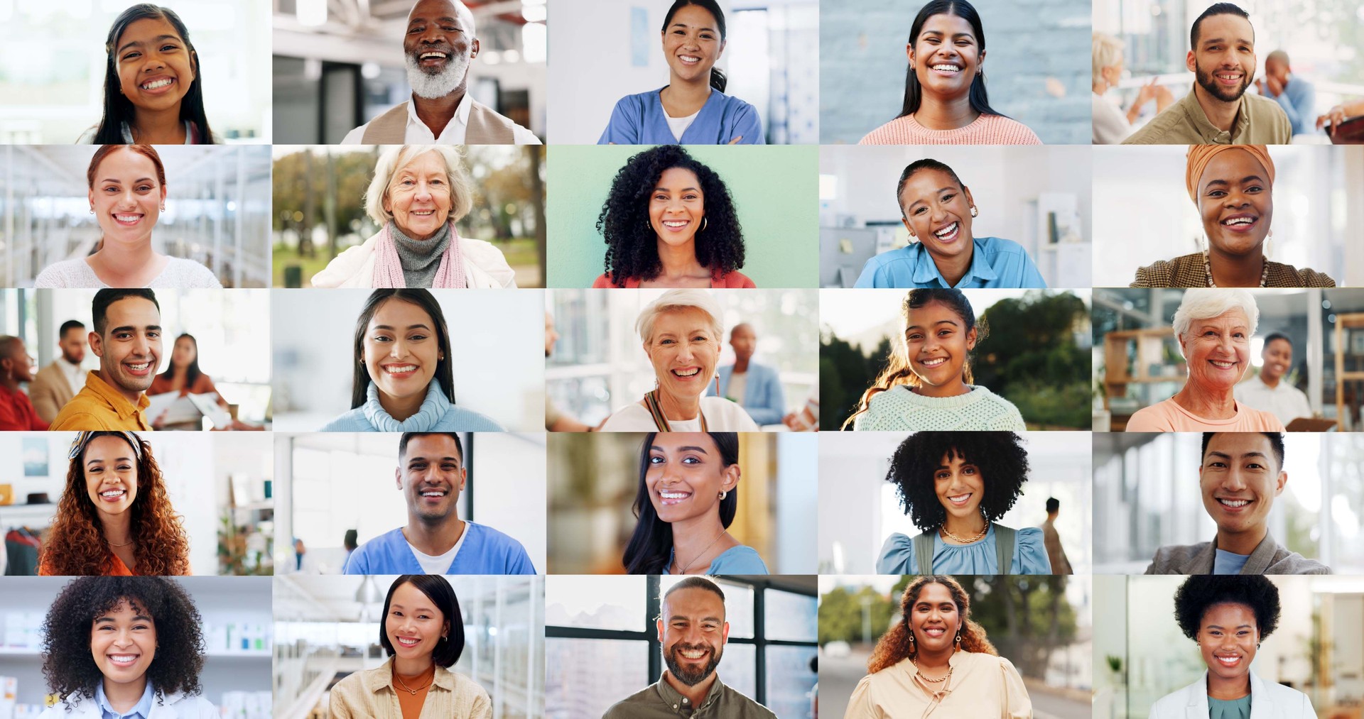Collage, diversity and generation with portrait of people at work for career, job or occupation. Happy, smile and face collection of different men and women in montage or mosaic for employment