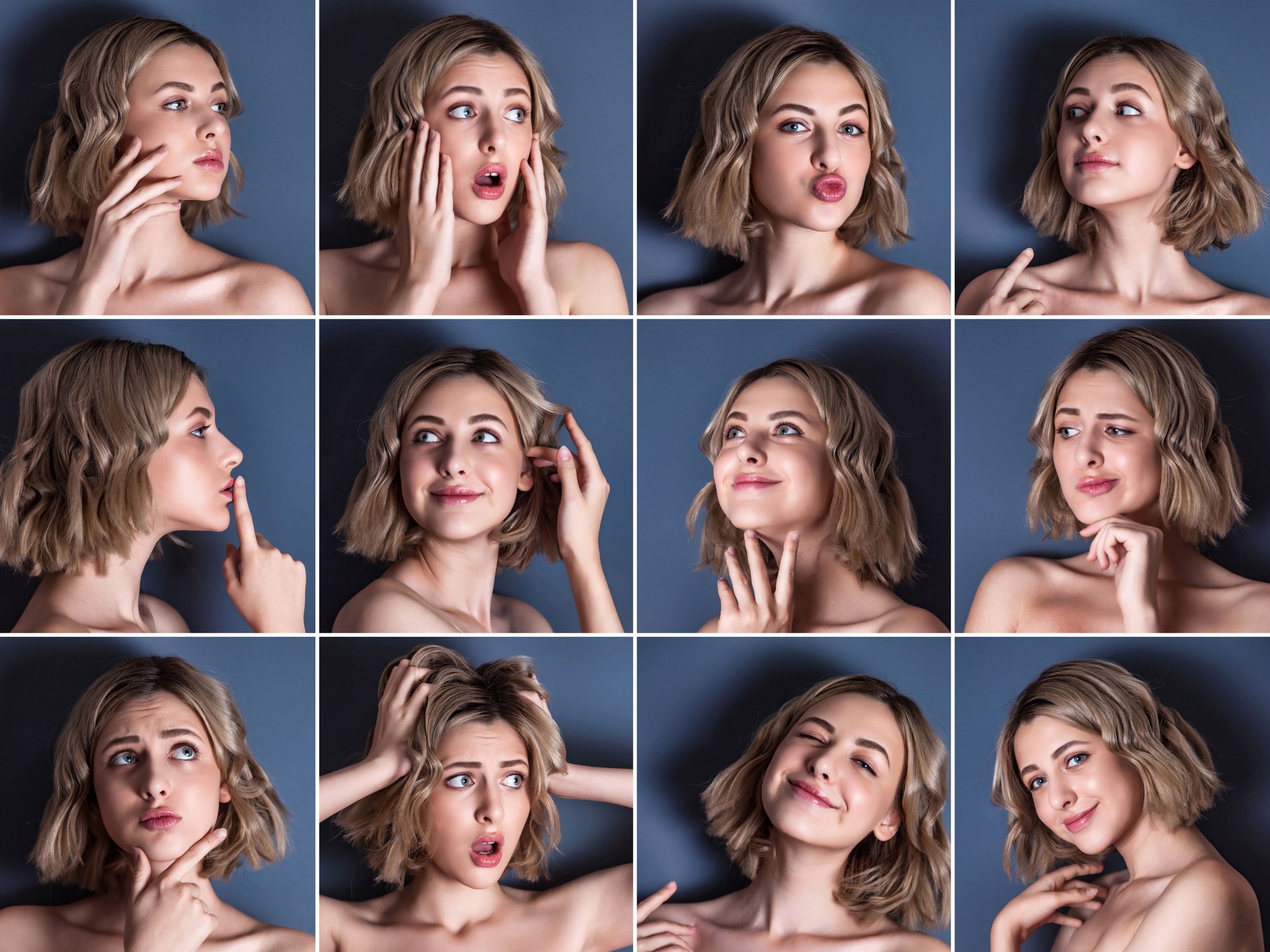 Set shots face of pretty actress woman model, posing at dark gray background, showing emotions. Emotional lovely lady isolated on blank studio wall. Human emotion concept. Copy advertising text space